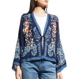 NWT Johnny Was Carter Embroidered Lace-Trim Kimono In Blue Night